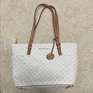 Michael Kors Cream and Brown Logo Should Bag Tote